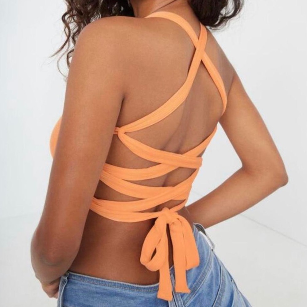 ⭐️(3/$25) GARAGE Orange Ribbed Crop Top with Criss Cross Tie-Back!!